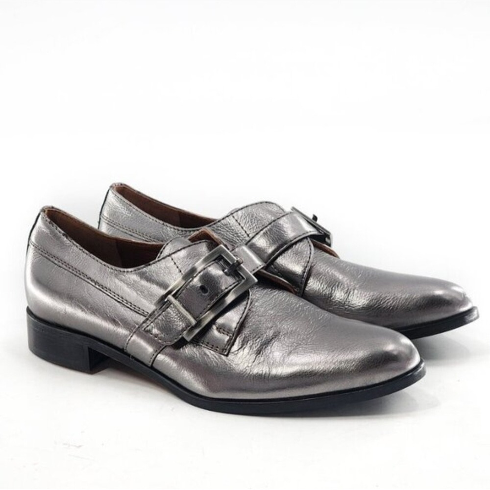 Aquatalia Derby NEW Womens Metallic Silver Leather Monk‎ Strap Loafers Size 7.5